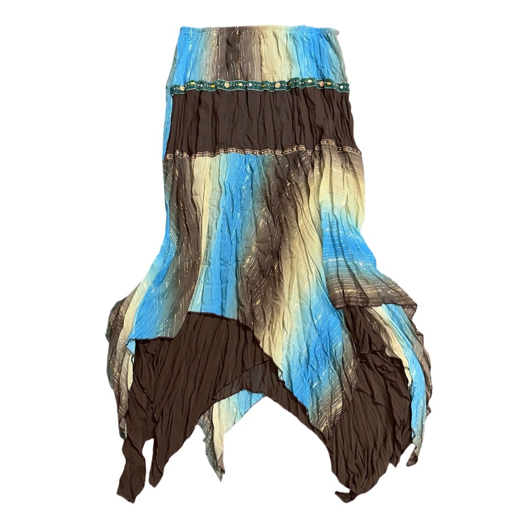 Y2K ENTRY women's brown + blue flowy beaded stevie nicks style midi skirt, M.